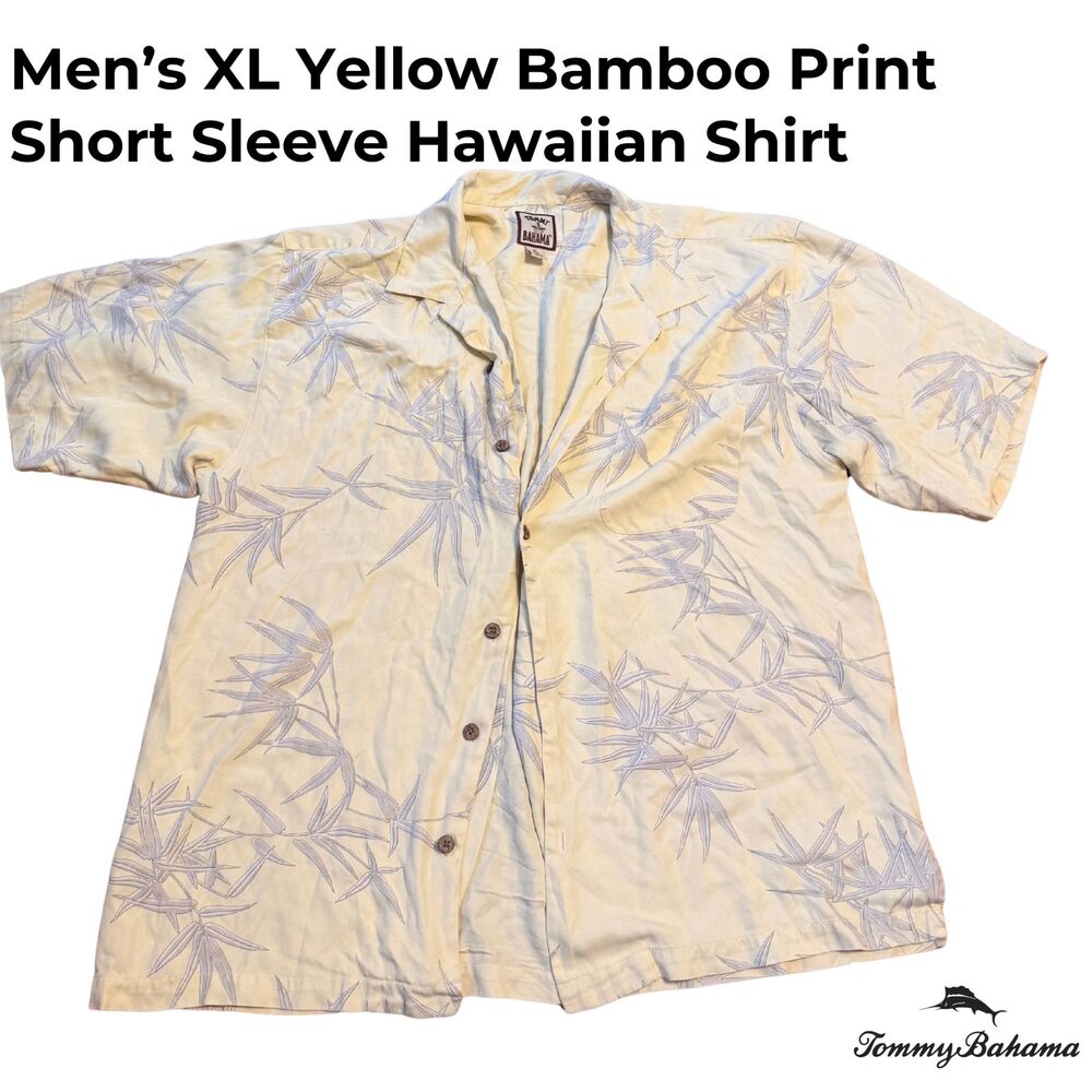 Tommy Bahama Men’s XL Yellow Bamboo Print Short Sleeve Hawaiian Shirt